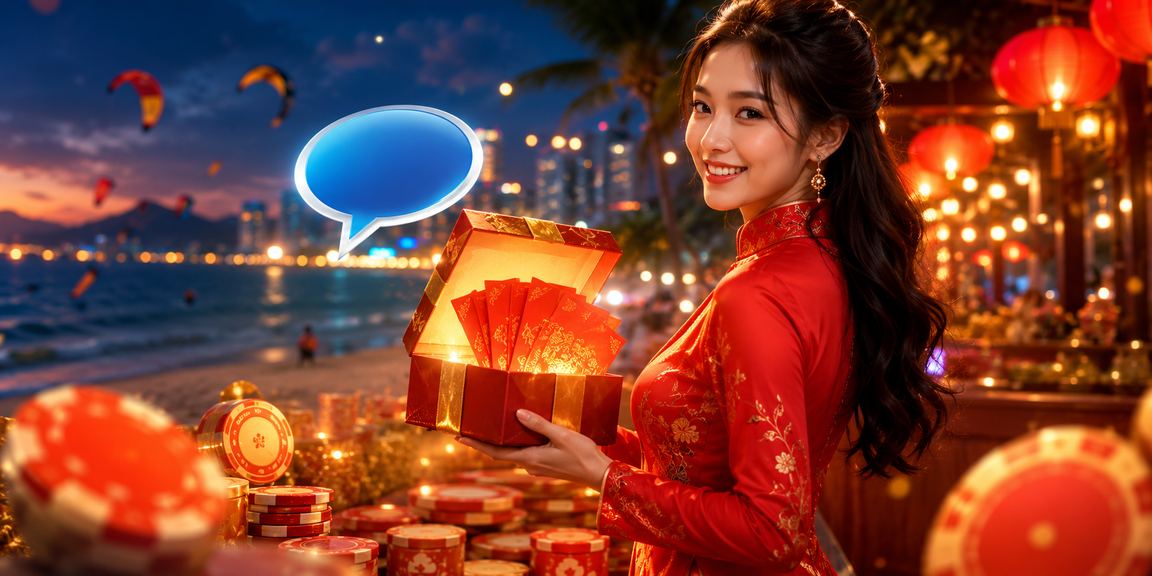 Người phụ nữ mặc áo dài nhận phong bì đỏ thưởng tại Mũi Né trong không khí lễ hội